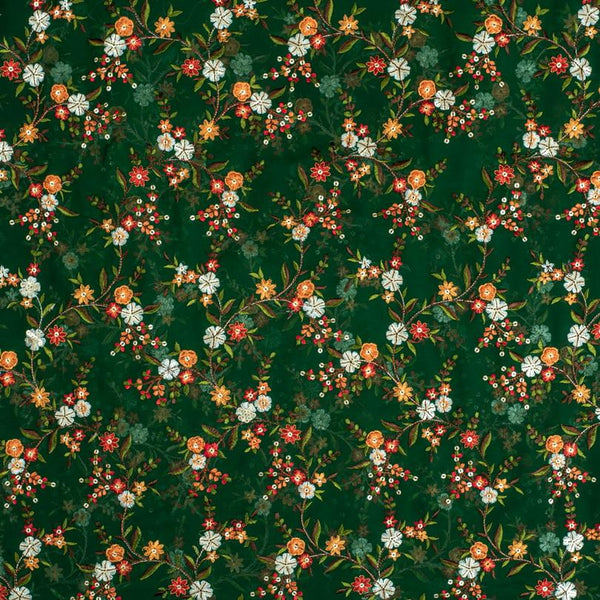 Green Colour Tikki and Thread Work Embroidered Georgette Fabric