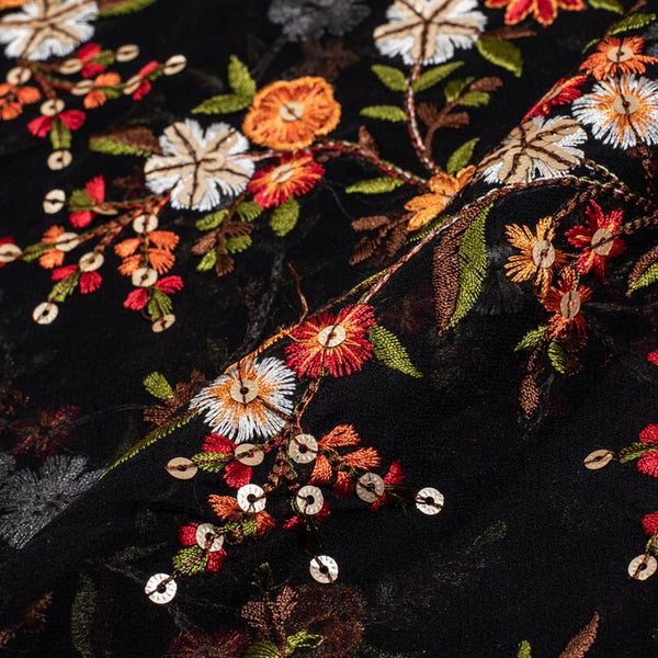 Black Colour Tikki and Thread Work Embroidered Georgette Fabric