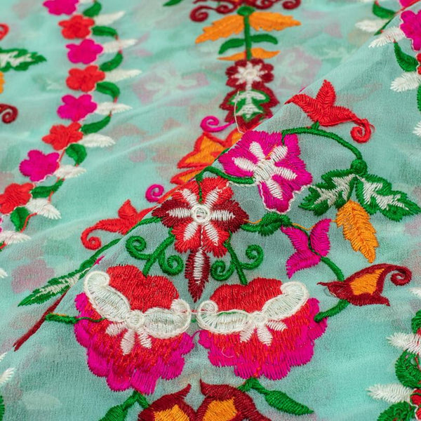 Pista Green Colour Multi Thread Work Embroidered Georgette Fabric
