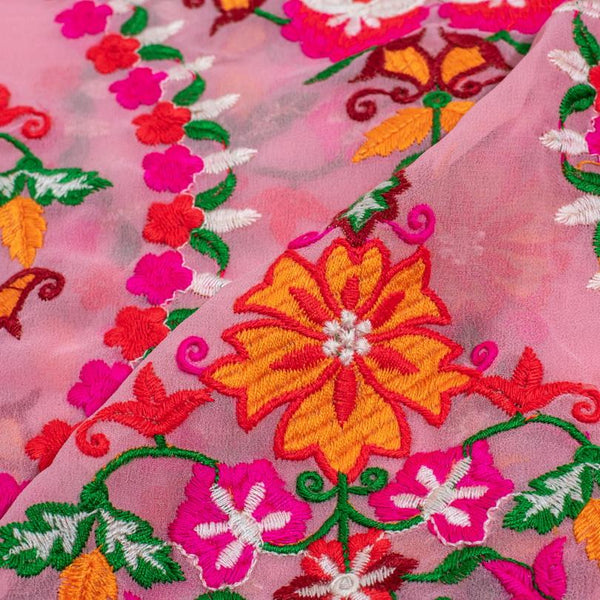 Pink Colour Multi Thread Work Embroidered Georgette Fabric