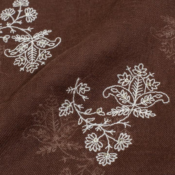 Coffee Brown Colour Thread Embroidered Poly Linen Fabric