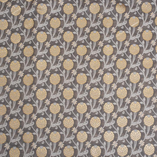Grey Colour Gold Alfi Jaal Chanderi Silk Feel Banarasi Brocade Fabric 