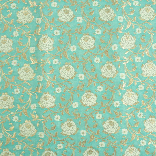 Pistachio Colour Gold Floral Jaal Design Chanderi Silk Feel Banarasi Brocade Fabric 