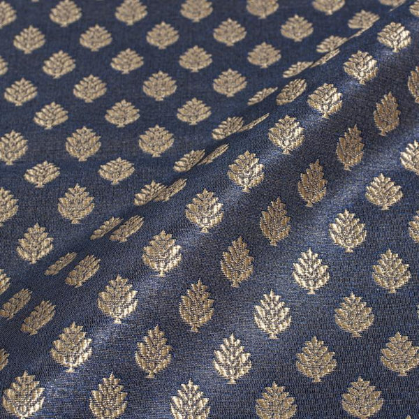 Denim Blue Colour Gold Floral Butti Design Silk Feel Banarasi Brocade Fabric 56 inch Width