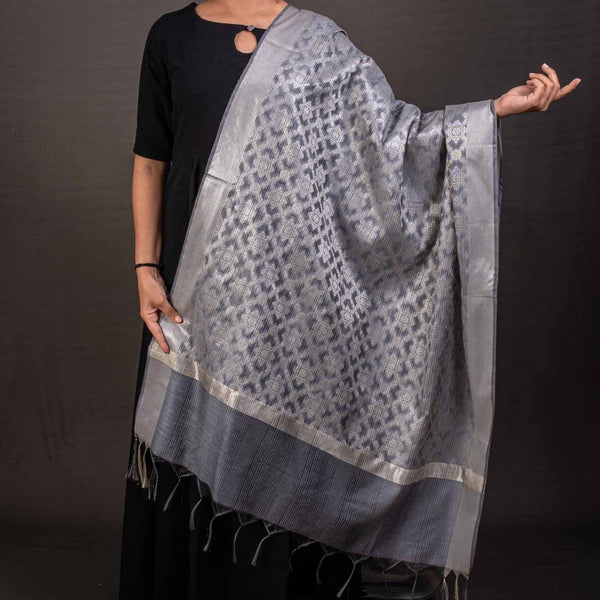 Grey Colour Silver Zari Chanderi Feel Dupatta