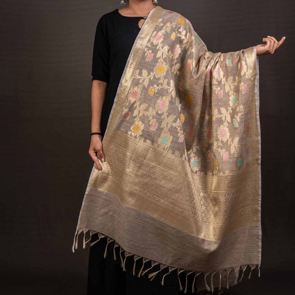 Beige Colour Floral Jaal Print Tissue Zari Dupatta