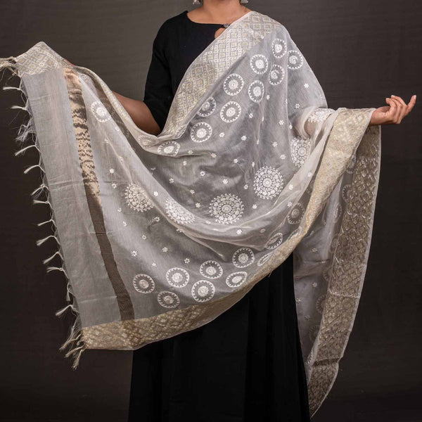 Dyeable Mughal Embroidered Silver Border Chanderi Feel Dupatta