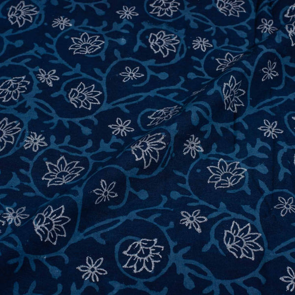 Indigo Colour Silver Foil Hand Block Print Cotton Fabric