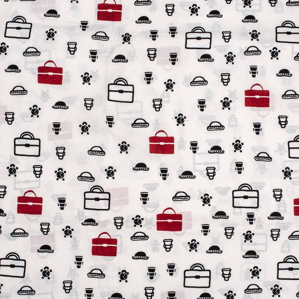 White Colour Quirky Print Soft Cotton Fabric 42 inches Width