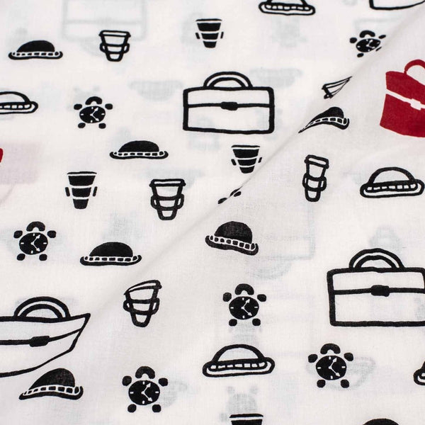 White Colour Quirky Print Soft Cotton Fabric 42 inches Width