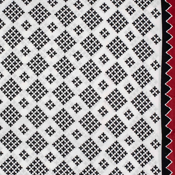 White Colour Geometric Print Soft Cotton Fabric With One Side Border 42 inches Width