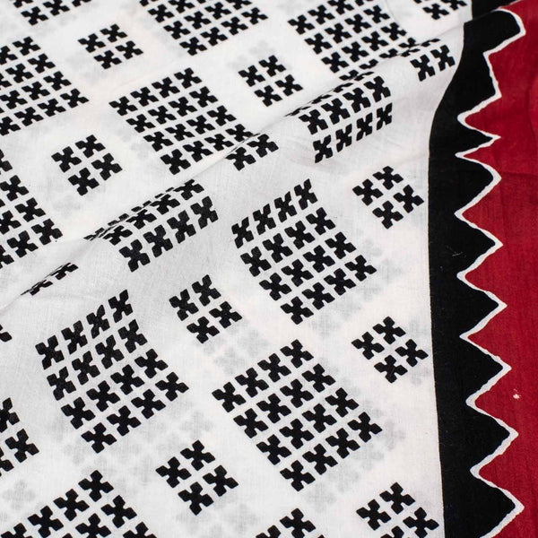 White Colour Geometric Print Soft Cotton Fabric With One Side Border 42 inches Width
