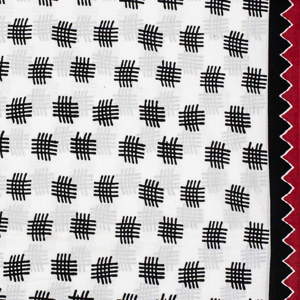 White Colour Geometric Print Soft Cotton Fabric With One Side Border 42 inches Width