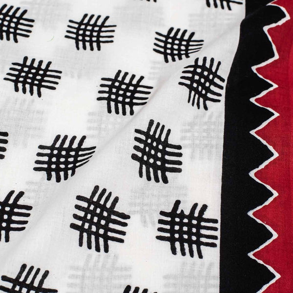 White Colour Geometric Print Soft Cotton Fabric With One Side Border 42 inches Width