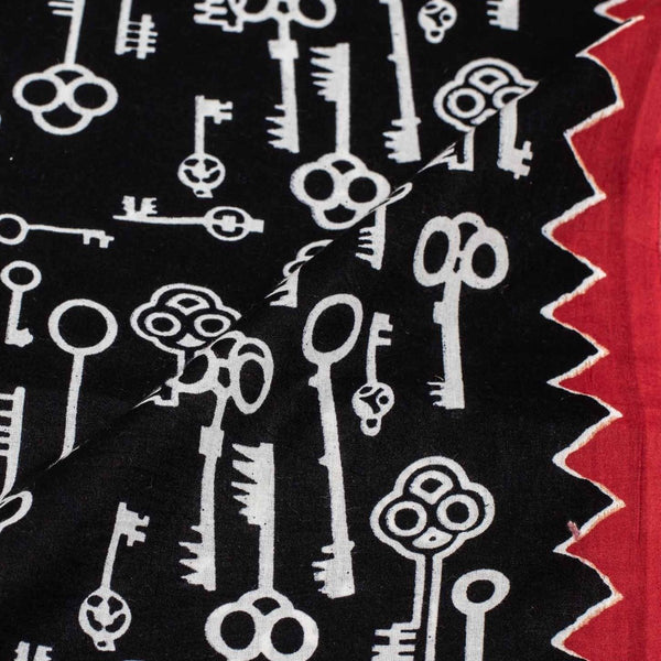 Black Colour Quirky Print Soft Cotton Fabric With One Side Border 42 inches Width