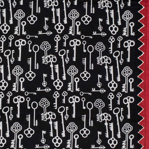 Black Colour Quirky Print Soft Cotton Fabric With One Side Border 42 inches Width