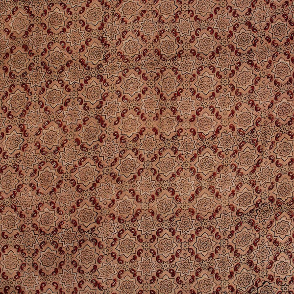 Beige Colour Ajarakh Hand Block Print Muslin Dobby Fabric Pre Cut Of 2.35 Meter