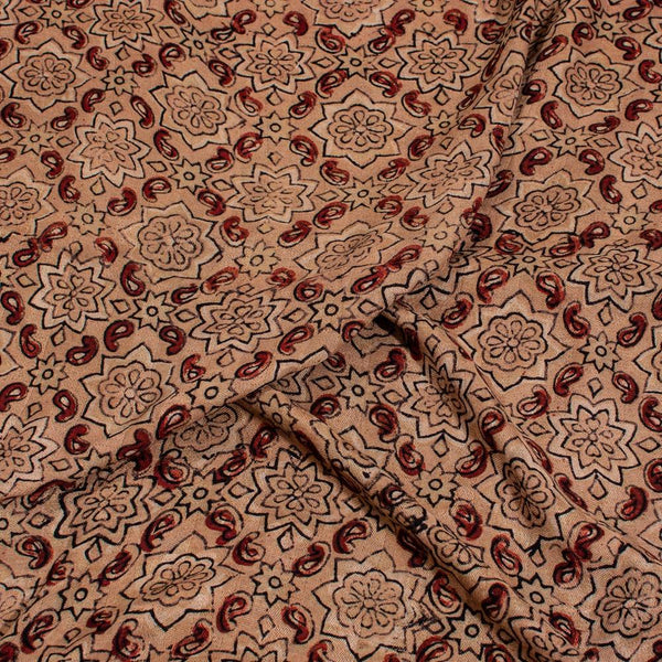 Beige Colour Ajarakh Hand Block Print Muslin Dobby Fabric Pre Cut Of 2.35 Meter