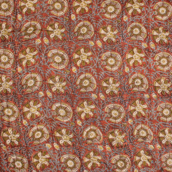 Carrot Colour Ajarakh Hand Block Print Muslin Dobby Fabric Pre Cut Of 2.40 Meter