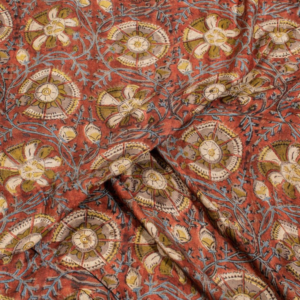 Carrot Colour Ajarakh Hand Block Print Muslin Dobby Fabric Pre Cut Of 2.40 Meter