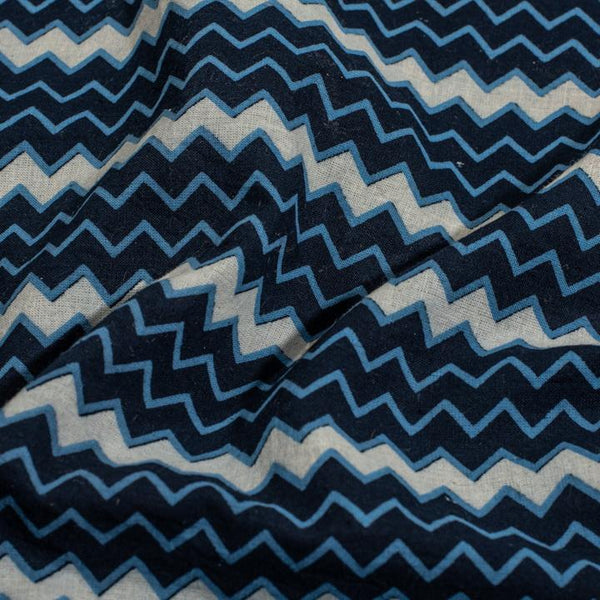 Navy Blue Colour Zig Zag Print Dabu Cotton Fabric