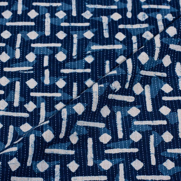 Indigo Colour Geometric Block Print Kantha Cotton Fabric