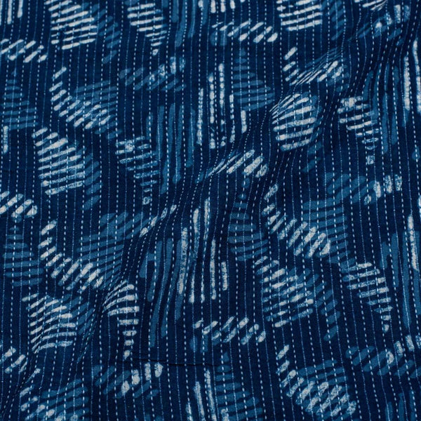 Indigo Colour Geometric Block Print Kantha Cotton Fabric