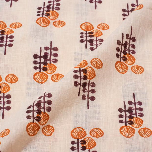 Cream Colour Floral Butta Print Slub Cotton Fabric