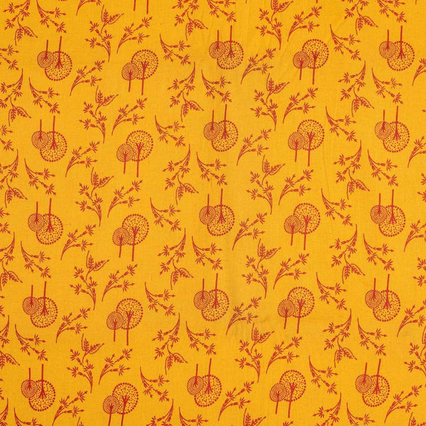 Mustard Colour Leaves Print Flex Cotton Fabric
