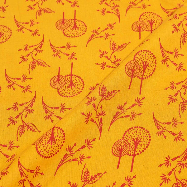 Mustard Colour Leaves Print Flex Cotton Fabric