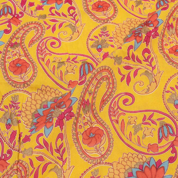 Golden Orange Colour Paisley Gold Foil Print Flex Cotton Fabric
