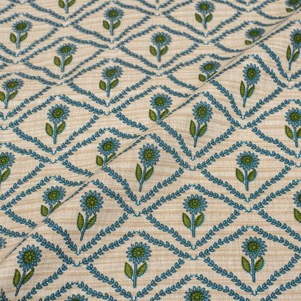 Off White Colour Floral Print Cotton Jacquard Fabric 