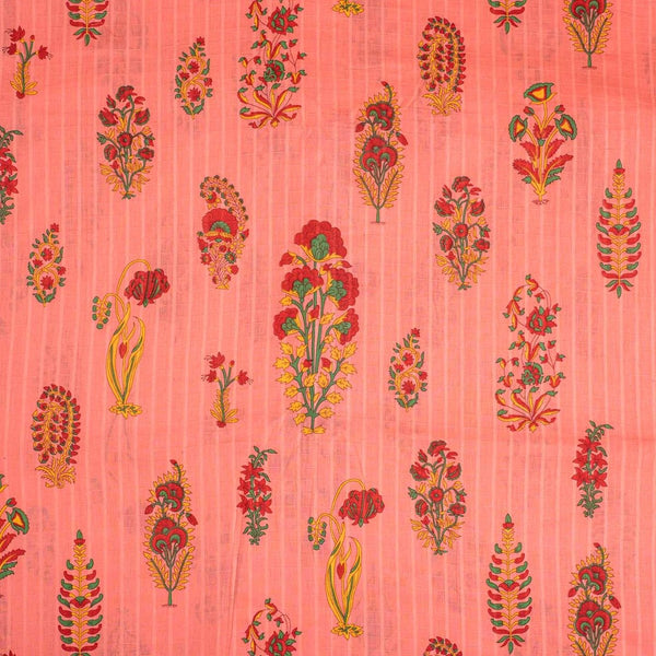 Peach Colour Floral Block Print Dobby Cotton Fabric