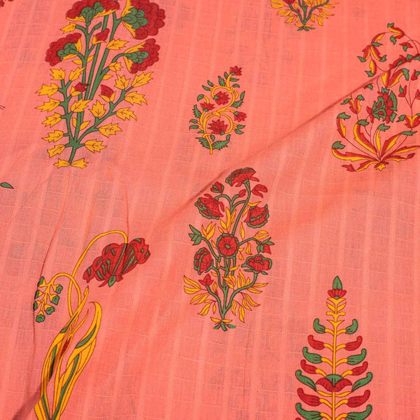 Peach Colour Floral Block Print Dobby Cotton Fabric