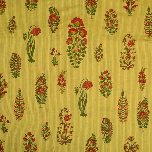 Mustard Green Colour Floral Block Print Dobby Cotton Fabric