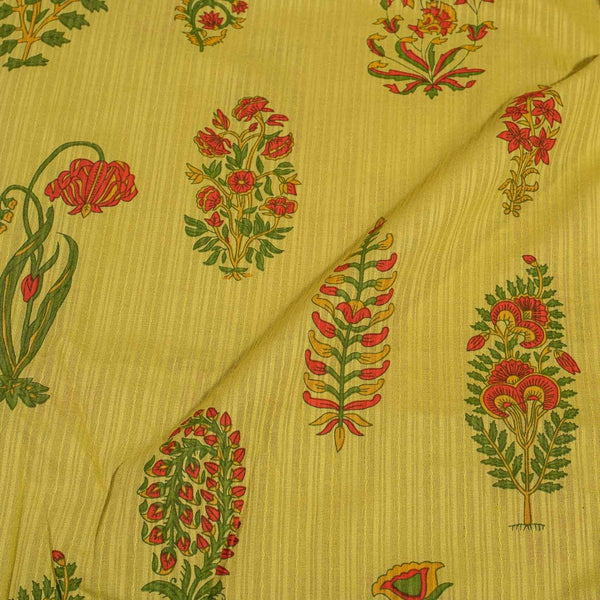 Mustard Green Colour Floral Block Print Dobby Cotton Fabric