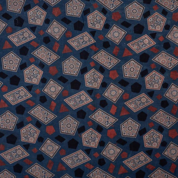 Navy Blue Colour Ajarakh Natural Dye Block Print Cotton Fabric