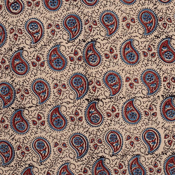 Off White Colour Ajarakh Natural Dye Block Print Cotton Fabric