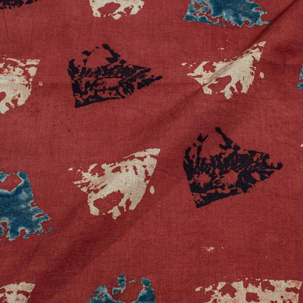 Brick Red Colour Ajarakh Natural Dye Block Print Cotton Fabric