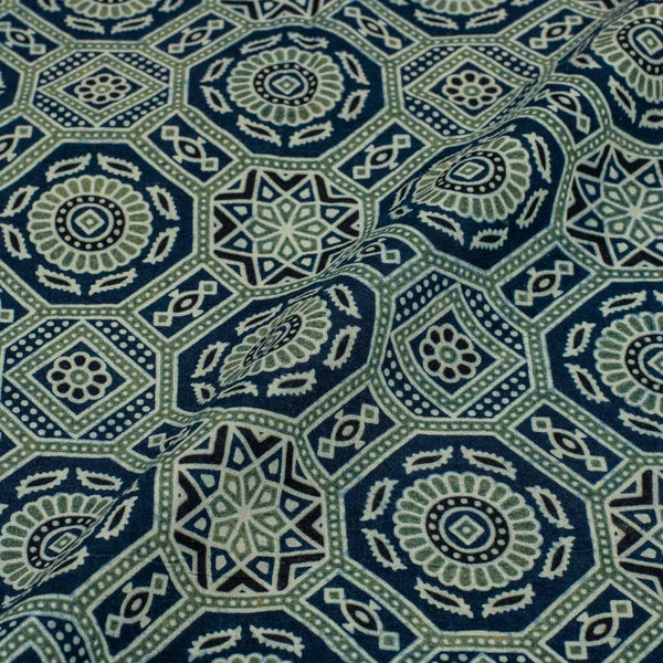 Navy Blue Colour Ajarakh Natural Dye Block Print Cotton Fabric