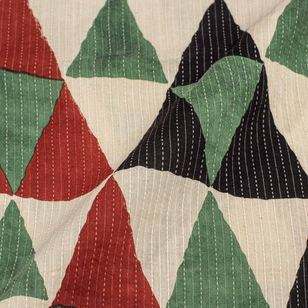 Multi Colour Geometric Block Print Kantha Cotton Fabric