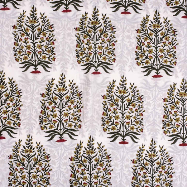 Off White Colour Hand Block Floral Print Cotton Mal Fabric