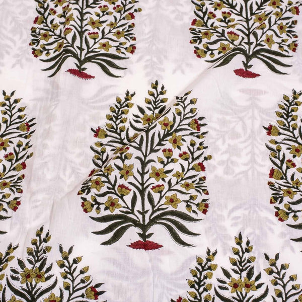 Off White Colour Hand Block Floral Print Cotton Mal Fabric