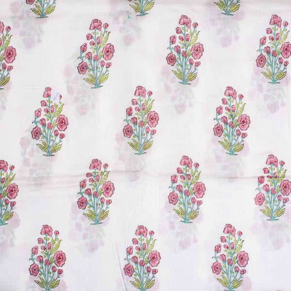 Off White Colour Hand Block Floral Print Cotton Mal Fabric