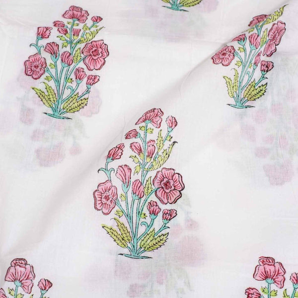 Off White Colour Hand Block Floral Print Cotton Mal Fabric