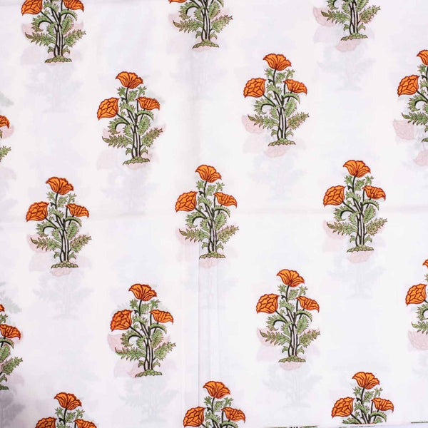 Off White Colour Hand Block Floral Print Cotton Mal Fabric
