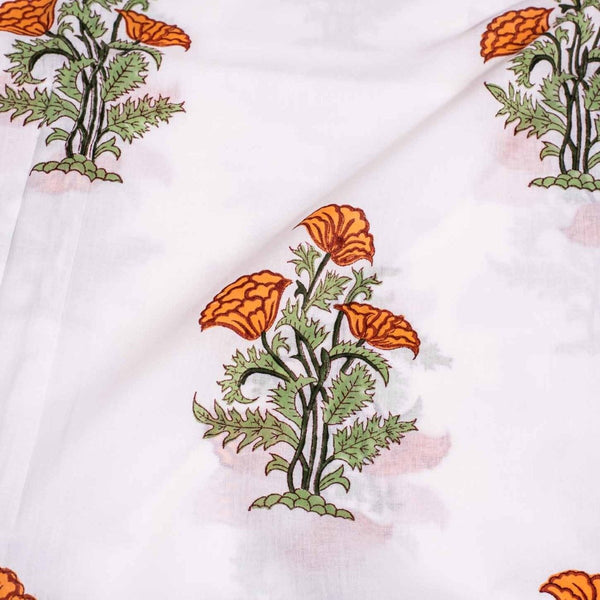 Off White Colour Hand Block Floral Print Cotton Mal Fabric