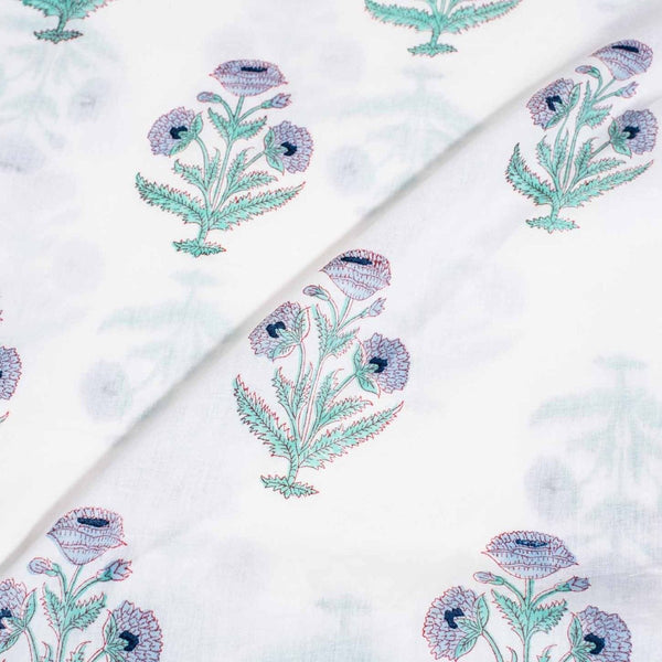 Off White Colour Hand Block Floral Print Cotton Mal Fabric