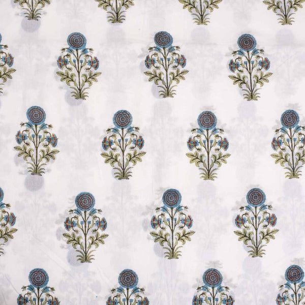 Off White Colour Hand Block Floral Print Cotton Mal Fabric