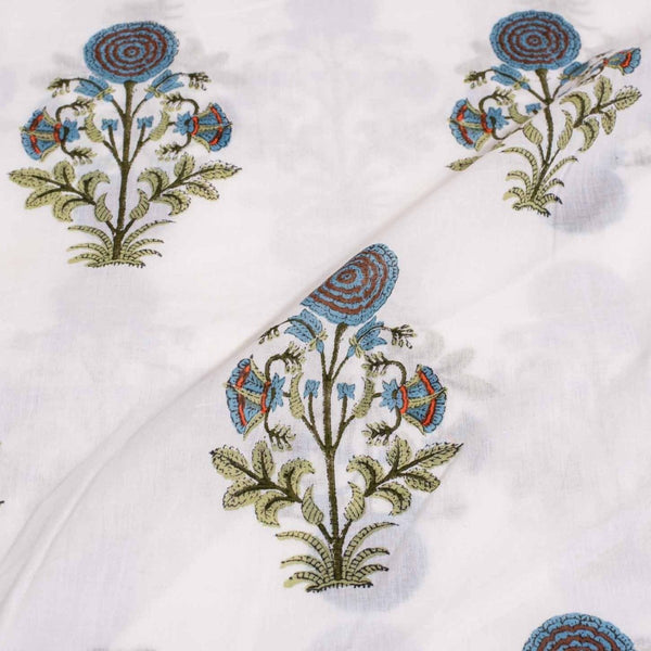 Off White Colour Hand Block Floral Print Cotton Mal Fabric